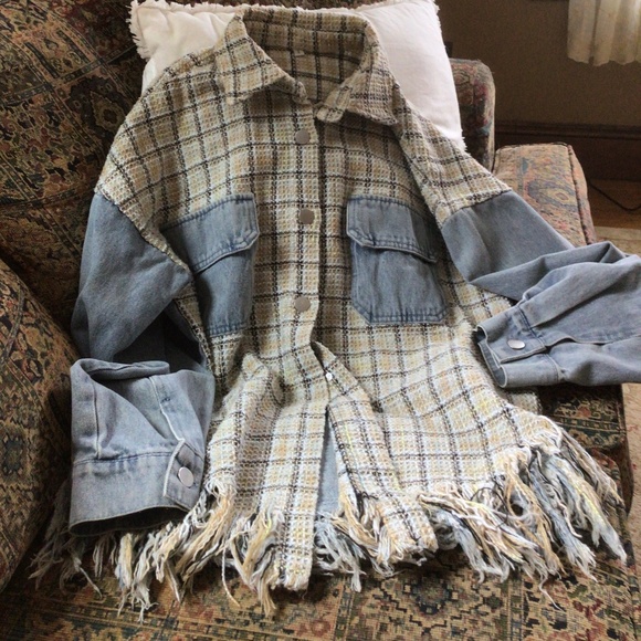 Womens Multimedia Denim Tweed Fringed Jacket sz sm - Picture 6 of 7